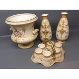 Group of 4 Crown Devon Fieldings blush ivory wares comprising pair of vases with rose garland