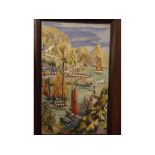 Early 20th century wool work picture, Harbour scene, 14 x 8 1/2 ins