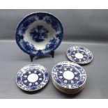 Group of eight blue and white floral decorated side dishes, 7" diameter, together with a further
