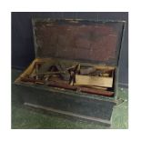 Green painted pine framed fitted tool chest, with quantity of vintage tools to include box planes,