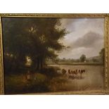 John Mace, monogrammed oil on panel, River landscape with mother and child and cattle watering, 11