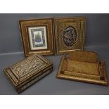 Collection : Eastern inlaid storage box, 2 picture frames (with contents) & similar desk stand (4)