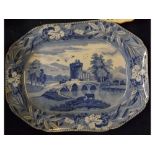 Large 19th century octagonal blue and white meat plate, decorated with the Bridge of Lucano Italy