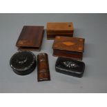 Papier m ch snuff box, sealed box, and three others