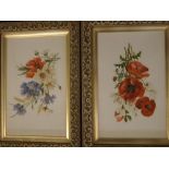 Pair of early 20th century oils on milk glass, flower studies, 13 1/2 x 8 ins