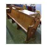 8ft pitch pine church pew, with panelled back and shaped ends, with pierced and carved decoration