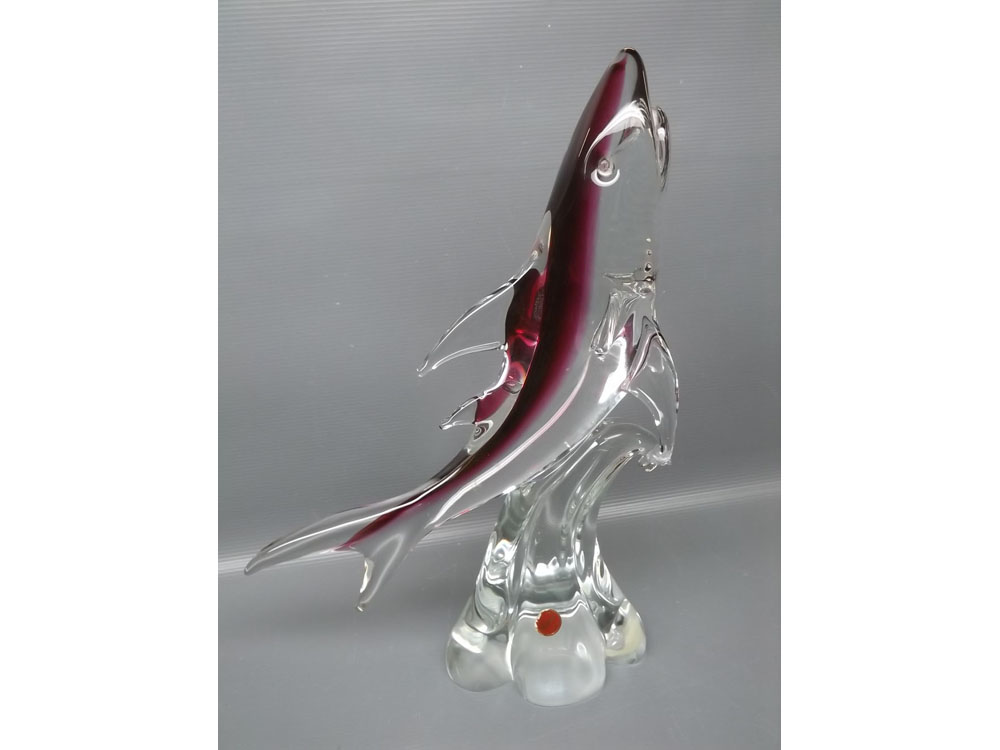 Modern Murano glass model of a leaping shark in clear and amethyst glass, 9" x 14"