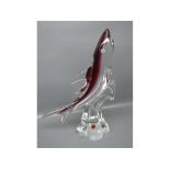 Modern Murano glass model of a leaping shark in clear and amethyst glass, 9" x 14"