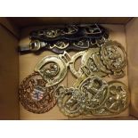 Mixed Lot: 13 mostly modern horse brasses together with 2 sets of 3 mounted on a leather strap and a