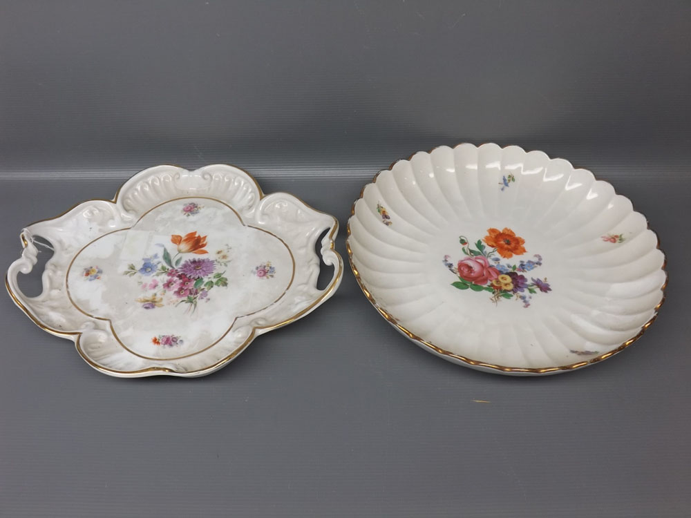 20th century Meissen clover formed dish with two handles, central floral panel, gilded detail,