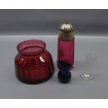 Cranberry glass vase of waisted design, together with a further silver plated mounted shaker, a blue