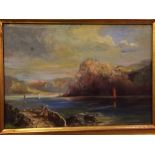 Unsigned oil on board, Lakeland scene with figures, 9 x 12 1/2 ins