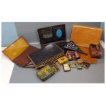 Large box containing Mauchline ware box, various other small boxes and containers, set of opera