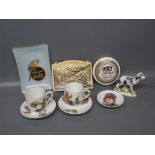 James Atkinson Bear Grease pot lid, various decorative cups and saucers, Staffordshire figure of a