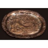 Victorian Continental oval dressing table tray with shaped rim, decorated with C-scroll and