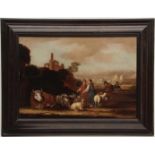DUTCH/ITALIANATE SCHOOL (18TH CENTURY) Figures with cow, goats and sheep, distant ruins oil on panel