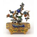 Chinese cloisonn gilt bronze and enamel miniature sculpture of magpies in a gnarled blossoming