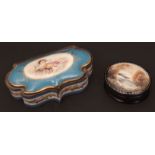 Mixed Lot: Continental gilt metal mounted porcelain trinket box, shaped and hinged cover (restored),