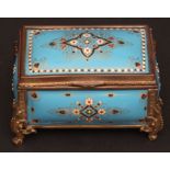 Continental gilt brass and enamelled dressing table trinket box of rectangular form, the hinged