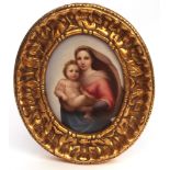 Berlin KPM oval wall plaque painted with scene of Madonna and Child after Raphael, impressed
