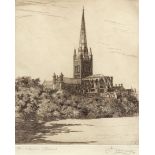 *HENRY JAMES STARLING, ARE, (1905-1996, BRITISH) "Norwich Cathedral" black and white etching,
