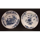 Two Lowestoft small plates c1765 the first with a Chinese garden scene with bird above and