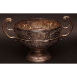 Late Victorian Irish two-handled rose bowl, of circular form with cast and applied flying "C" scroll