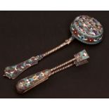 Mixed Lot: Russian silver gilt and enamelled sifter spoon with pierced oval bowl decorated with