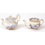 Two 19th century blue printed miniature tea pots, one decorated with a scene of a child on a rocking