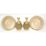 Pair of decorative baluster vases with gilded knot mounts, together with a further pair of Belleek