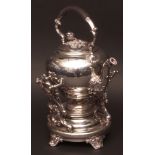 19th century Russian silver on copper tea kettle on a stand, of inverted baluster form with overhead