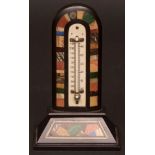 Late 19th century black marble and hardstone set desk thermometer, the facetted rectangular base