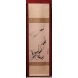 20th century Chinese hanging scroll painting showing a group of 7 swirling tiger prawns in black