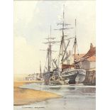 *GODFREY SAYERS (20TH CENTURY, BRITISH) Tall ships in a quayside watercolour, signed lower left 8
