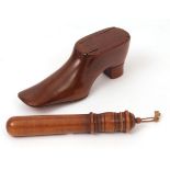 19th century mahogany snuff box in the form of a shoe with sliding cover, together with a further