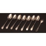 Eight George III dessert spoons, Old English pattern, crested, length 6 3/4 ins, combined weight