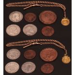 UK Half sovereign, 1887, scroll mount, 9ct gold fob, chain and six assorted UK coins