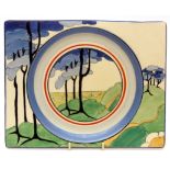 Clarice Cliff Biarritz plate, decorated with the "Blue Firs" design, black printed Royal