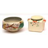 Clarice Cliff square storage jar with plain handles and circular pull-off cover, "Ravel" pattern,
