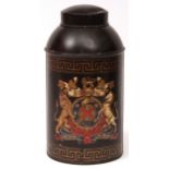 Toleware large cylindrical canister with pull-off cover, the front decorated with an armorial within