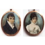 ENGLISH SCHOOL (19TH CENTURY) Head and shoulders portrait man and wife portrait miniature 2 1/2 x