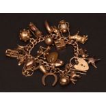 9ct gold charm bracelet, set with 21 various charms to include a bird cage, a horseshoe, a dairy