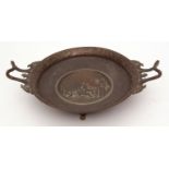 Barbedienne bronze tazza, of two handled circular form, the rim embossed with animals and figures