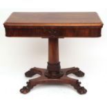 William IV period rosewood fold top card table, of rectangular form with moulded edge, tooled inset,