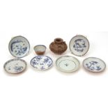 Eight small items of Chinese shipwreck porcelain comprising 6 blue and white saucers, various