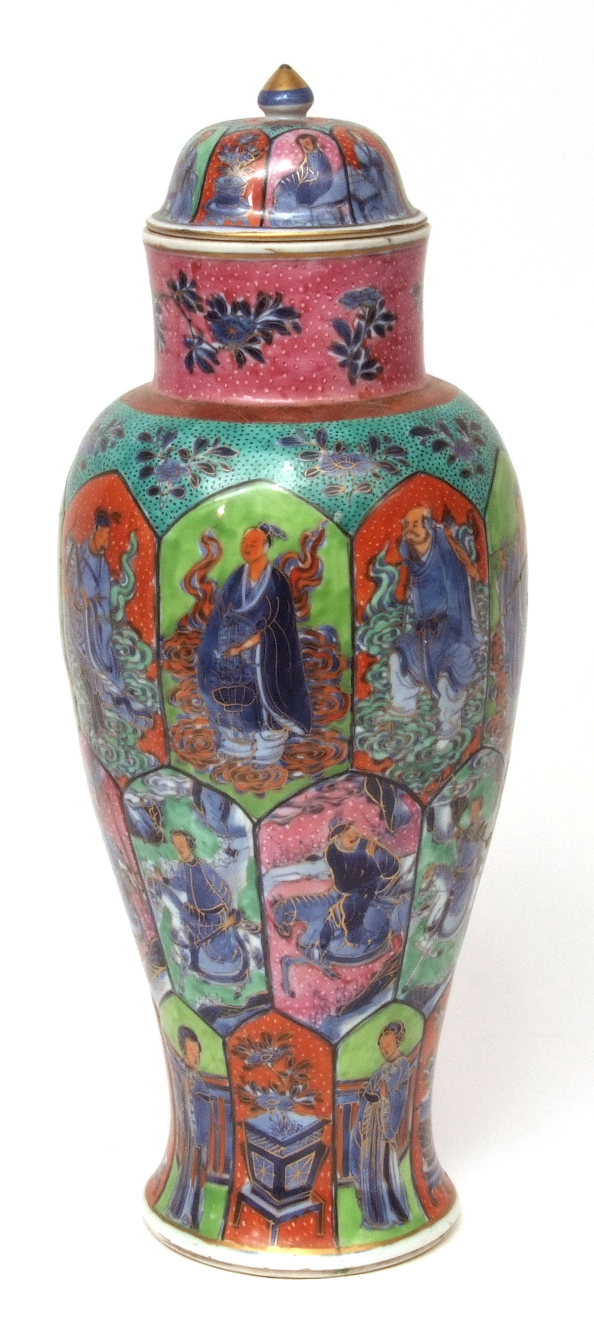 Vibrant and colourful Chinese clobbered porcelain jar and cover with numerous panels depicting