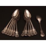 Twelve George III table spoons, hourglass pattern with thread heel and bearing a Baron's coronet