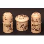 Set of three Japanese Meiji period turned ivory Shibayama and gold lacquer round boxes with turn off
