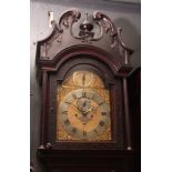 Mahogany cased 8-day longcase clock, the hood with overhanging cornice surmounted by a large