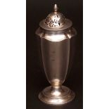 George V table caster, of lobed and tapering cylindrical form with pierced pull-off cover and cast